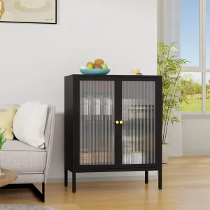 2-Tier Foldable Metal Storage Cabinet with 2 Glass Doors for Home Bar or Living Room