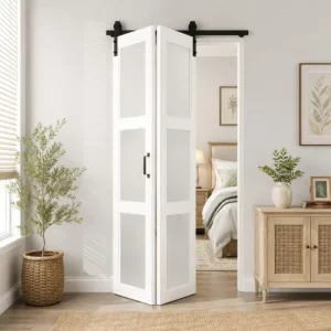 3 Panel Glass Bifold Solid Wood Interior Barn Door with Hardware Kit