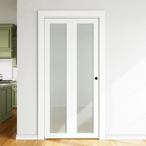 30” x 80″ Wooden Tempered Frosted Glass Bifold Closet Door with Sound Insulation for Hotel Bedroom Use