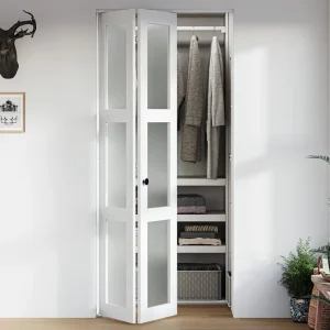 30×80 Wooden Frosted Glass Bi-fold Door with Hardware Kit, Modern Style, Sound and Heat Insulation