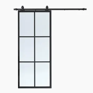 36in X 84in Modern Interior Glass Sliding Barn Door Paneled Clear Tempered Glass Carbon Steel Frame Sliding Closet Kitchen Door