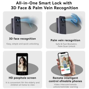 3D Face ID Cloud Door Lock Waterproof Outdoor Biometric Palm Vein Digital Lock WiFi App Controlled Steel Wood