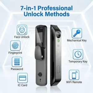 3D Facial Recognition Smart Door Lock for Wood and Aluminum Doors with WiFi Remote Control, Password, and IC Card Access