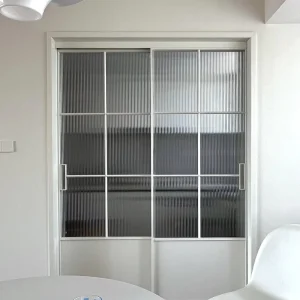 4-Panel Sliding Glass Door, Arched Grid, Slim Frame, Reeded Glass Interior Partition