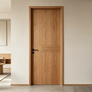 4-Panel Square Veneer Design Wooden Interior Door with Glass Swing Opening for Villas
