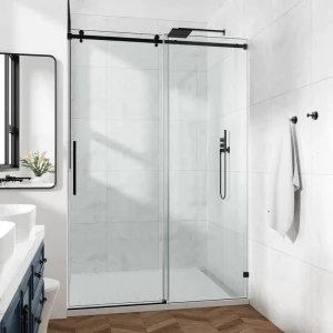 66×79″ Fixed Sliding Shower Door Square Tube Hardware Clear Glass 3/8″ (10mm) SGCC Tempered Glass Stainless Steel Matte Hotel