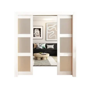 72″x80″ 3-Panel Frosted Glass Sliding Pocket Door 2 Sets of 36″x80″ Postmodern Design Side Opening