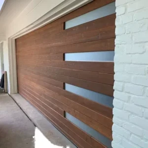 9×7 Aluminum Panel Exterior Garage Door with Wood Grain Finish and Pedestrian Entry for Hotels