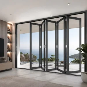 Aluminum Alloy Bi-Fold Door with Double Tempered Glass and Fiberglass Screen for Patio and Villa