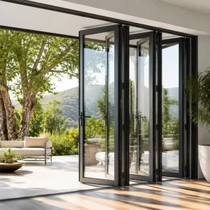 Aluminum Alloy Bi Fold Double Tempered Glass Door with Fiberglass Screen Windproof Modern Folding Villa Exterior Patio Divider