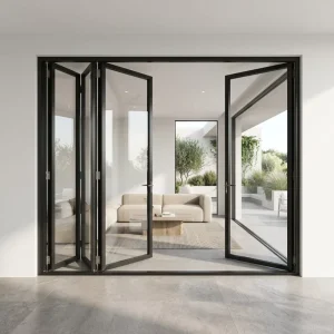 Aluminum Alloy Bi-Fold Double Tempered Glass Door with Fiberglass Screen for Villa Patio Room Divider