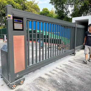 Aluminum Alloy Industrial Sectional Sliding Door Black Electric Trackless Folding Door Community Sliding Gate Remote Control