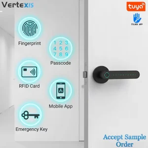 Aluminum Alloy Wood Door Biometric Fingerprint Smart Lock with Cloud WiFi App Type C Lever Cylinder Keyless