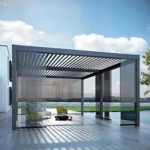 Aluminum Pergola Outdoor Motorized Louvered Roof Bioclimatic Waterproof Gazebo with Glass Sliding Doors Control Custom Size