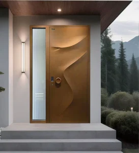 Aluminum Security Door 3D Sculptural Wave Pattern Relief Thermal and Sound Insulated Single Pivot Entry Custom Made