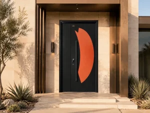 Aluminum Security Door Minimalist Nordic Matte Charcoal Finish Orange Accent Modern Single Front Door