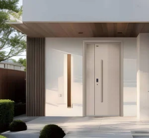 Aluminum Security Door Modern Minimalist Nordic Beige Geometric Grid Pattern Single Pivot Entry Thermal Insulation