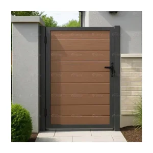 Aluminum WPC Automatic Sliding Garden Driveway And Side Pedestrian Gates Durable Outdoor Wooden Grain Design