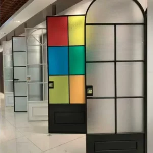 Arch Aluminum Casement Double French Doors with Flush Glass and Grilles for Interior Bathroom or Kitchen