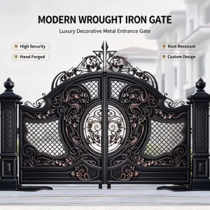 Arched Forged Wrought Iron Gate with Powder-Coated Anti-Fade Finish for Courtyard Driveway