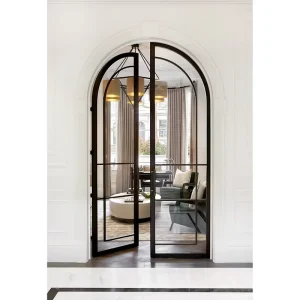 Arched French Black Wrought Iron Steel Glass Swing Patio Door for Balcony Apartment