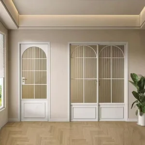 Arched French Swing Door with White Aluminum Frame, Frosted Glass, Fiberglass Screen, Waterproof, for Kitchen Interior Use