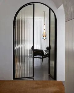 Arched Iron Steel Door with Single Fluted Glass Double Transparent Tempered Glass