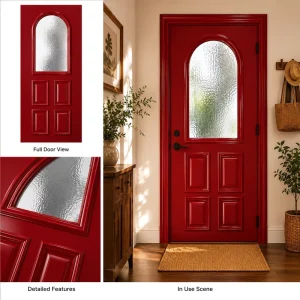 Arched Single Front Entry Door, Red Decorative Wood Exterior Door with Frosted Glass for Residential Entrance