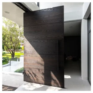 Australian Modern Horizontal Panel Dark Smoky Black Solid Oak Wood Texture Entry Door With Long Handle