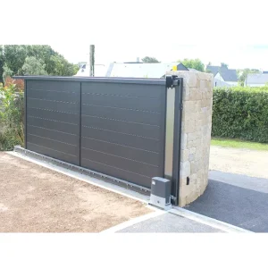 Automatic Aluminum Sliding Swing Gate with Black Powder-Coated Metal Frame and Heat-Treated Wood for Home Use