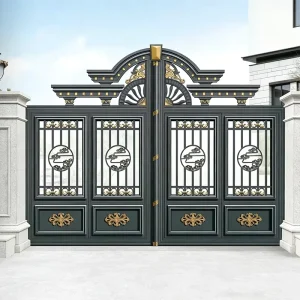 Automatic Double French Arched Art Glass Swing Entry Gate, Wrought Iron and Aluminum