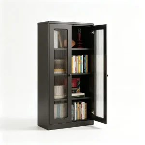 Black Changhong Fluted Glass Double Door Bookcase Floor Standing Display Storage Bookshelf Cabinet for Indoor Living Study
