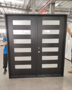 Black Double Entry Door with Low-E Outer and Inner Frosted Glass Fiberglass Weatherproof Front Door