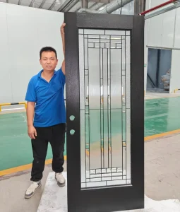 Black Fiberglass Prehung Front Entry Door with Craftsman Leaded Grid Rain Glass, Insulated Exterior Swing Door