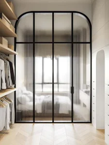 Black Framed Arched Fluted Double Glazing Tempered Glass Sliding Door Modern Aluminum Fireproof Soundproof Room Interior Outdoor