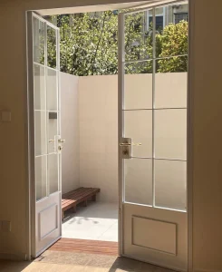 Black French Arched Glass Door Modern Finished Windproof Interior Entry Partition for Villa