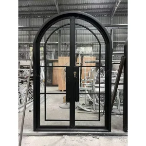 Black French Balcony Patio Swing Door with Wrought Iron, Steel Glass Windows, and Fiberglass Doors