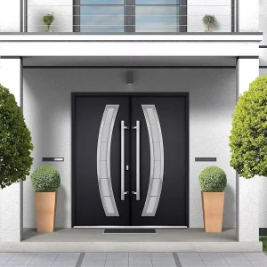 Black Frosted Glass Metal Aluminum Double Hinged Exterior Entry Door for Homes and Villas
