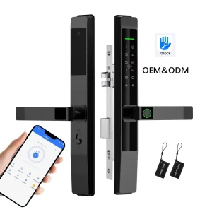Black Mortise Slim Smart Lock with Fingerprint, Key, and Cloud Data Storage for Wood, Sliding Glass, or Aluminum Doors