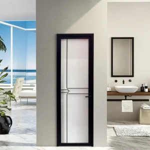 Black Narrow-Frame Aluminum Swing Bathroom Door with Frosted Glass