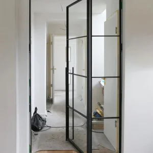 Black Steel Arch Main Entry Swing Door with Full Lite Clear Glass Window, 22×64