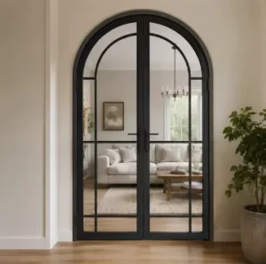 Black Steel Arched Tempered Glass Interior Double French Door for Residential or Commercial Use