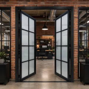 Black Steel Casement Tempered Glass Door with Decorative Grille for Interior Spaces