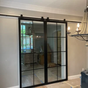 Black Steel Tempered Glass Barn Sliding Door, Hanging Interior Shower Door