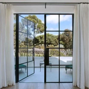 Black Steel Wrought Iron Finished Villa Exterior Glass Front Balcony Windows French Doors