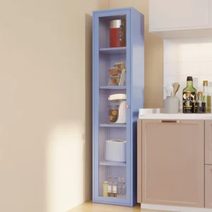 Blue Metal Bookcase with Single Corrugated Glass Door