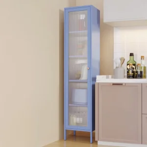 Blue Tall Metal Bookcase with Single Door and Corrugated Glass Cupboard for Library, Kids’ Room, or Living Room