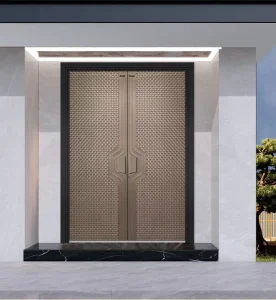 Cast Aluminum Bronze Geometric Weave Pattern Double Entry Door Modern Bespoke Custom Thermal Insulation