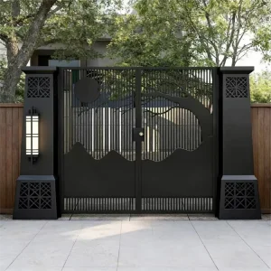 Chinese Style Aluminum Double Swing Gate Black Villa Garden Gate Weather Resistant Manual Control Decorative Driveway Main Gate