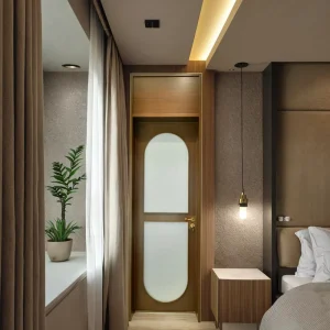 Chinese Vintage Quince Blossom Frosted Tempered Glass Interior Door for Bedroom and Bathroom